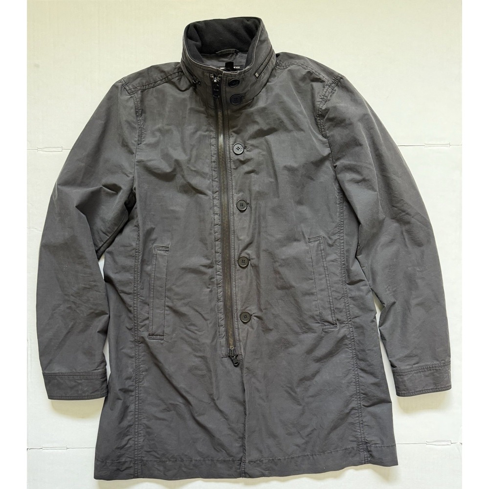John Varvatos USA Mens M Gray Hooded Parka Coat Hidden Hood Zip Button Jacket